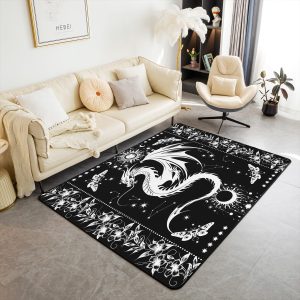 Castle Fairy White Black Dragon Area Rug 3'x5', Boho Sun Moon Stars Galaxy Non Slip Rug for Kids Teen Boys Women Men,Western Animals Indoor Floor Mat for Dining Room Backyard Decor