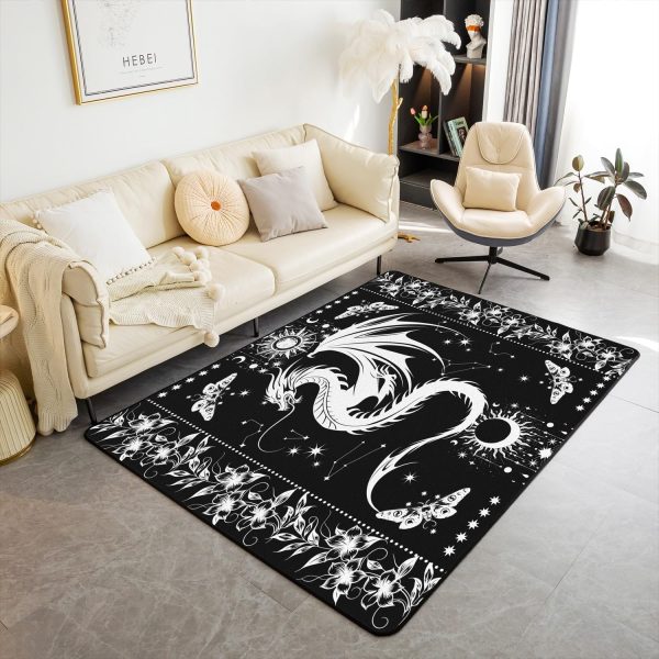 Castle Fairy White Black Dragon Area Rug 3'x5', Boho Sun Moon Stars Galaxy Non Slip Rug for Kids Teen Boys Women Men,Western Animals Indoor Floor Mat for Dining Room Backyard Decor