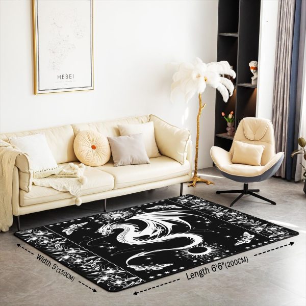Castle Fairy White Black Dragon Area Rug 3'x5', Boho Sun Moon Stars Galaxy Non Slip Rug for Kids Teen Boys Women Men,Western Animals Indoor Floor Mat for Dining Room Backyard Decor - Image 2