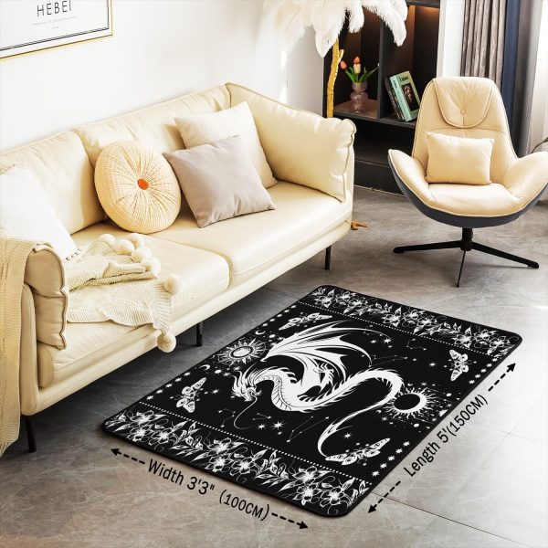 Castle Fairy White Black Dragon Area Rug 3'x5', Boho Sun Moon Stars Galaxy Non Slip Rug for Kids Teen Boys Women Men,Western Animals Indoor Floor Mat for Dining Room Backyard Decor - Image 3