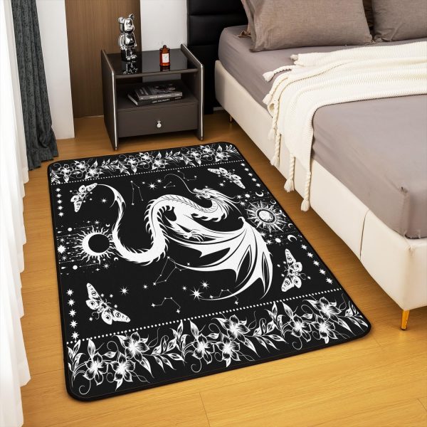 Castle Fairy White Black Dragon Area Rug 3'x5', Boho Sun Moon Stars Galaxy Non Slip Rug for Kids Teen Boys Women Men,Western Animals Indoor Floor Mat for Dining Room Backyard Decor - Image 4