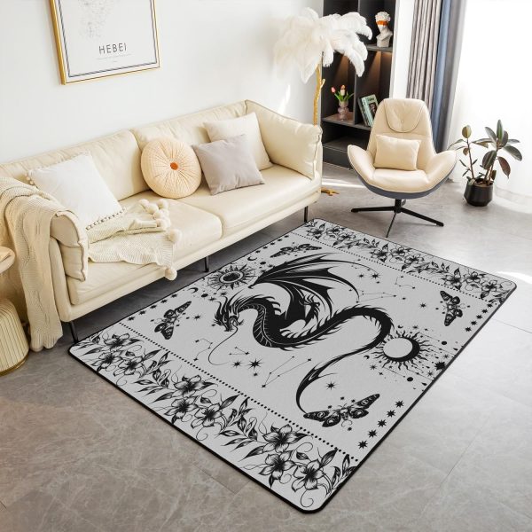 Castle Fairy White Black Dragon Area Rug 3'x5', Boho Sun Moon Stars Galaxy Non Slip Rug for Kids Teen Boys Women Men,Western Animals Indoor Floor Mat for Dining Room Backyard Decor - Image 11