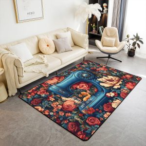 Castle Fairy Vintage Sewing Machine Area Rug Retro Red Rose Flowers Print Indoor Floor Mat for Kids Girls Women Botanical Floral Rustic Style Non Slip Rug for Housewarming Office 3'x5'