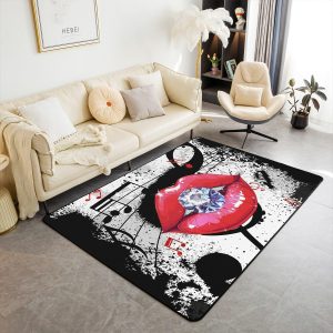 Castle Fairy 3D Red Lip Area Rug 5'x6'6" Abstract Glitter Diamond Romantic Style Non Slip Rug for Girls Teens Adults Women Black Musical Notes Graffiti Indoor Floor Mat for Party Couch