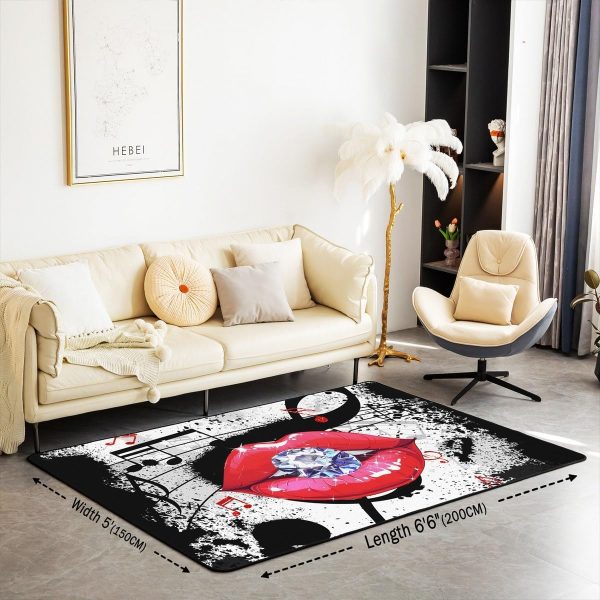 Castle Fairy 3D Red Lip Area Rug 5'x6'6" Abstract Glitter Diamond Romantic Style Non Slip Rug for Girls Teens Adults Women Black Musical Notes Graffiti Indoor Floor Mat for Party Couch - Image 2