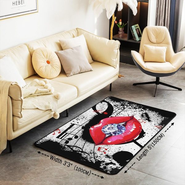 Castle Fairy 3D Red Lip Area Rug 5'x6'6" Abstract Glitter Diamond Romantic Style Non Slip Rug for Girls Teens Adults Women Black Musical Notes Graffiti Indoor Floor Mat for Party Couch - Image 3