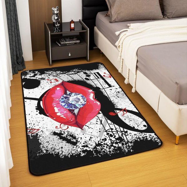 Castle Fairy 3D Red Lip Area Rug 5'x6'6" Abstract Glitter Diamond Romantic Style Non Slip Rug for Girls Teens Adults Women Black Musical Notes Graffiti Indoor Floor Mat for Party Couch - Image 4
