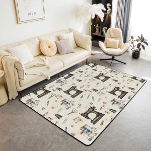 Clothes Sewing Theme Area Rug 5x7 Needle and Thread Rug for Bedroom Sewing Machine Carpet Non Slip Rustic Farmhouse Floor Mat Decorative Accent Rug Non Shedding