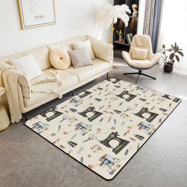 Clothes Sewing Theme Area Rug 5x7 Needle and Thread Rug for Bedroom Sewing Machine Carpet Non Slip Rustic Farmhouse Floor Mat Decorative Accent Rug Non Shedding