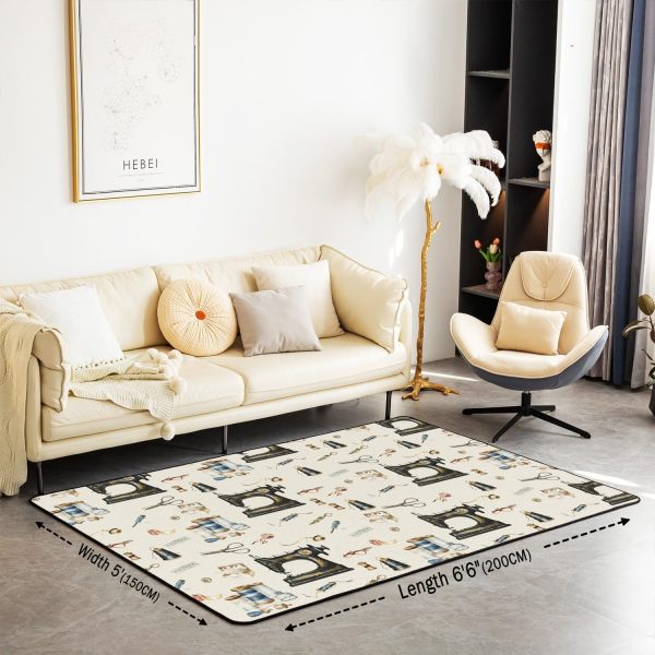 Clothes Sewing Theme Area Rug 5x7 Needle and Thread Rug for Bedroom Sewing Machine Carpet Non Slip Rustic Farmhouse Floor Mat Decorative Accent Rug Non Shedding - Image 2