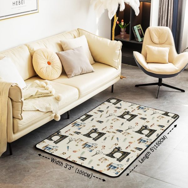 Clothes Sewing Theme Area Rug 5x7 Needle and Thread Rug for Bedroom Sewing Machine Carpet Non Slip Rustic Farmhouse Floor Mat Decorative Accent Rug Non Shedding - Image 3
