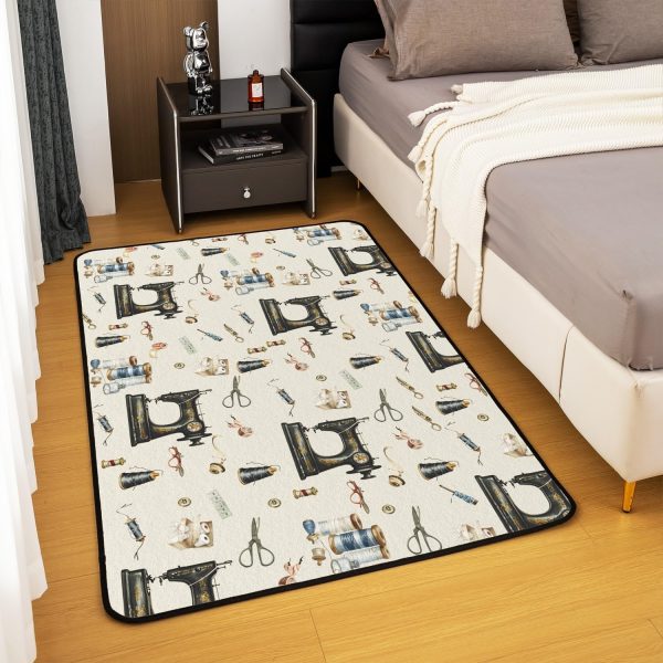 Clothes Sewing Theme Area Rug 5x7 Needle and Thread Rug for Bedroom Sewing Machine Carpet Non Slip Rustic Farmhouse Floor Mat Decorative Accent Rug Non Shedding - Image 4