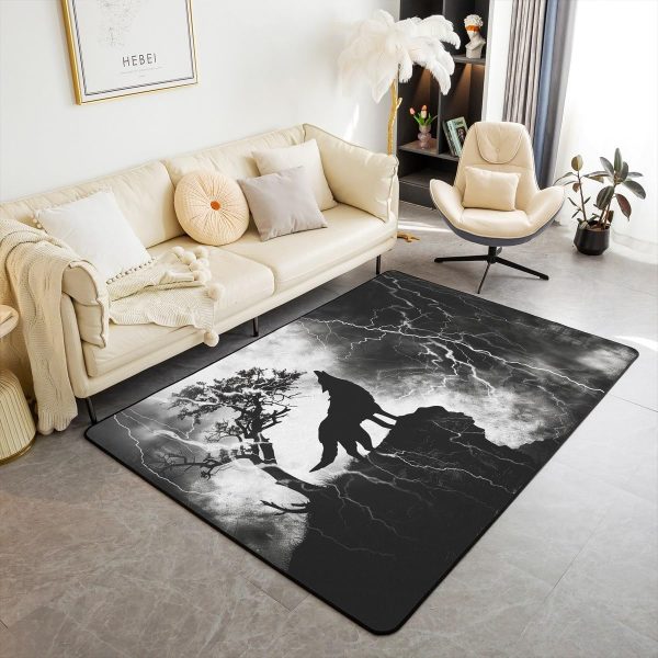 Howling Wolf Living Room Rugs 5x7 Thunder Lightning Area Rug for Kids Teen Wild Wolf Silhouette Carpet Runner Non Slip Mysterious Night Wolf Decorative Accent Rug Bedroom Decor
