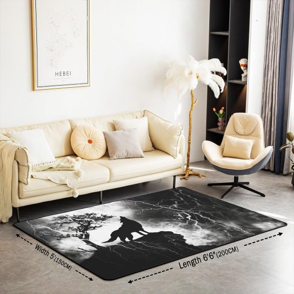 Howling Wolf Living Room Rugs 5x7 Thunder Lightning Area Rug for Kids Teen Wild Wolf Silhouette Carpet Runner Non Slip Mysterious Night Wolf Decorative Accent Rug Bedroom Decor - Image 2