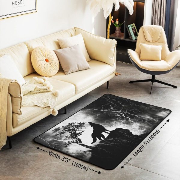 Howling Wolf Living Room Rugs 5x7 Thunder Lightning Area Rug for Kids Teen Wild Wolf Silhouette Carpet Runner Non Slip Mysterious Night Wolf Decorative Accent Rug Bedroom Decor - Image 3