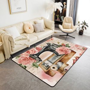 Flowers Blossom Area Rug 3x5 Vintage Sewing Machine Living Room Rugs Playmat French Style Rustic Floral Decorative Rug Indoor Floor Mat Accent Rug